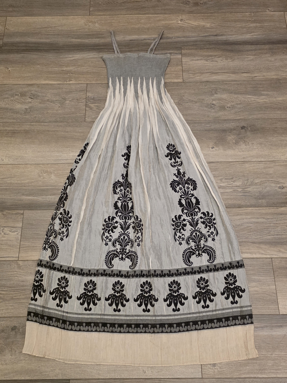 Lapis Anthropologie Smocked Maxi Dress Gray Black Damask Floral Boho One Size